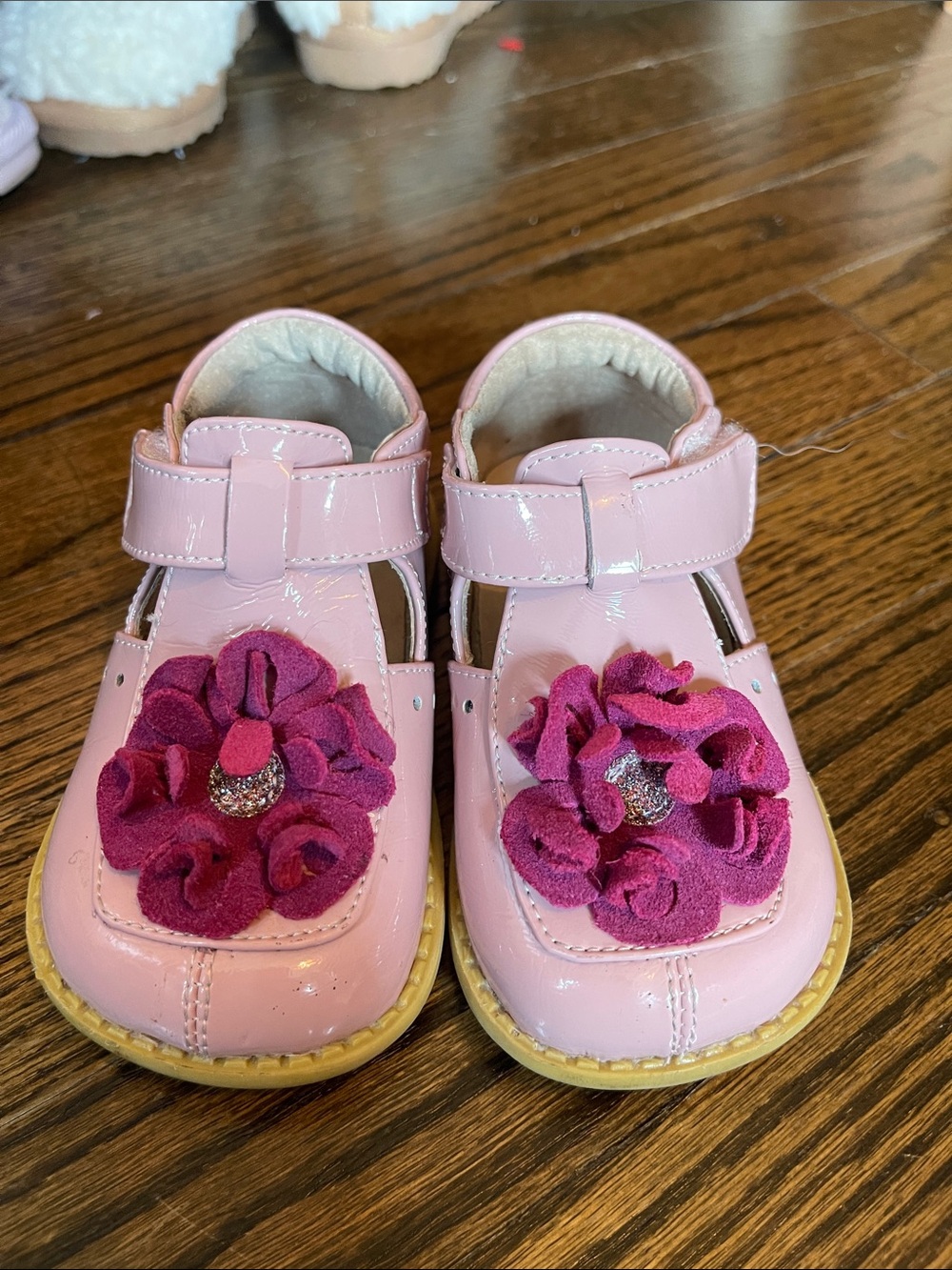 Livie & Luca Pink Patent Mary Janes with Magenta Felt Flowers